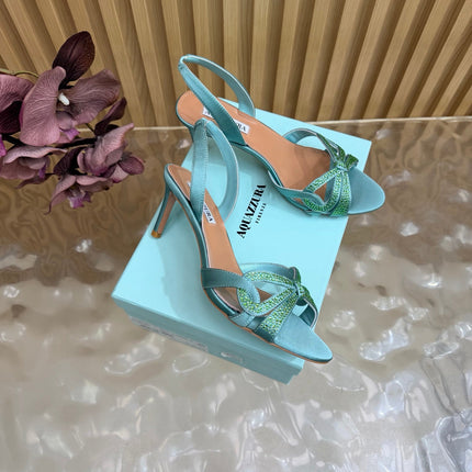 AQUAZZURA 26S HEELED SANDALS 75 MM IN AQUA BLUE SATIN