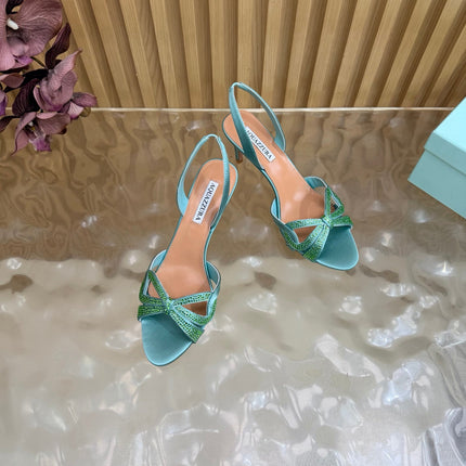 AQUAZZURA 26S HEELED SANDALS 75 MM IN AQUA BLUE SATIN