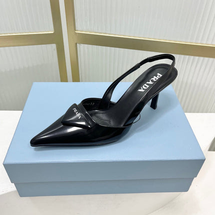 PRADA 26S SLINGBACK HIGH HEEL SANDALS 75MM IN BLACK CALFSKIN WITH LOGO