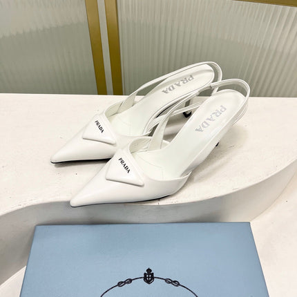 PRADA 26S SLINGBACK HIGH HEEL SANDALS 75MM IN WHITE CALFSKIN WITH LOGO