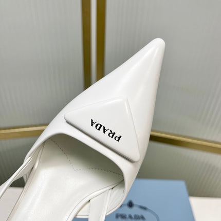 PRADA 26S SLINGBACK HIGH HEEL SANDALS 75MM IN WHITE CALFSKIN WITH LOGO