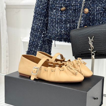 ALAIA 26S MARY JANE FLATS IN LIGHT YELLOW BEIGE LAMBSKIN WITH BOW