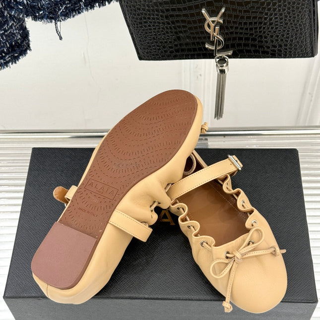 ALAIA 26S MARY JANE FLATS IN LIGHT YELLOW BEIGE LAMBSKIN WITH BOW