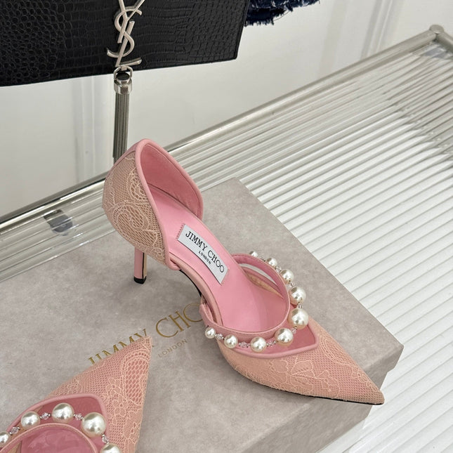 JIMMY CHOO 26S HIGH HEELS 85 MM IN LIGHT PINK LACE PEARL-EMBELLISHED