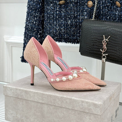 JIMMY CHOO 26S HIGH HEELS 85 MM IN LIGHT PINK LACE PEARL-EMBELLISHED