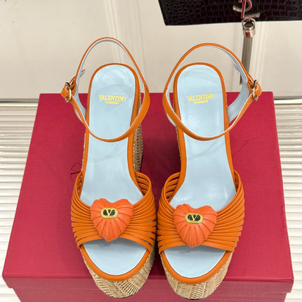 VALENTINO 26S ESPADRILLE WEDGE SANDALS 120 MM IN ORANGE CALFSKIN