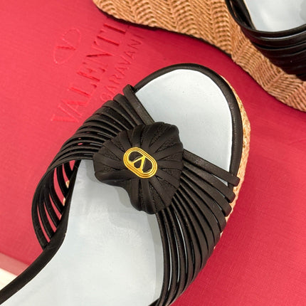 VALENTINO 26S ESPADRILLE WEDGE SANDALS 120 MM IN BLACK CALFSKIN