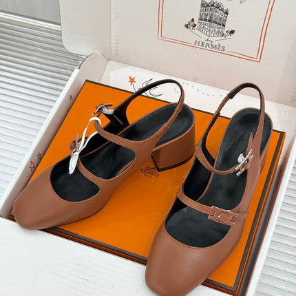 HM 26S SLINGBACK HIGH HEELS IN BROWN CALFSKIN