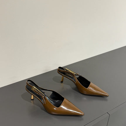 LEE SLINGBACK MID PUMPS IN BARK BROWN SHINY CALFSKIN