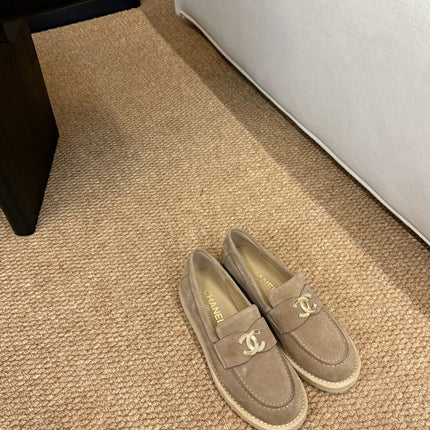 CHANEL 26S LOAFER IN TAUPE BROWN SUEDE CC LOGO