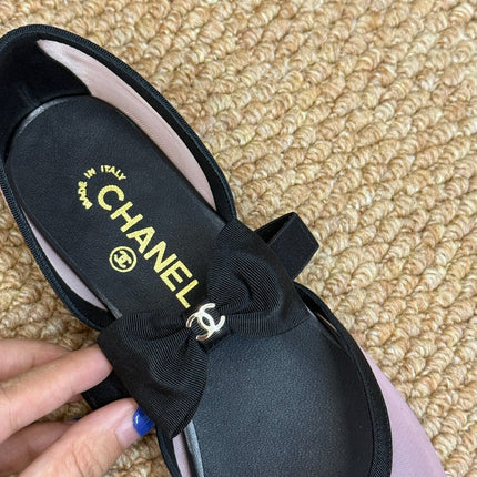 CHANEL 26S MARY JANE FLATS IN PINK AND BLACK MESH RIBBON STRAP CAP TOE