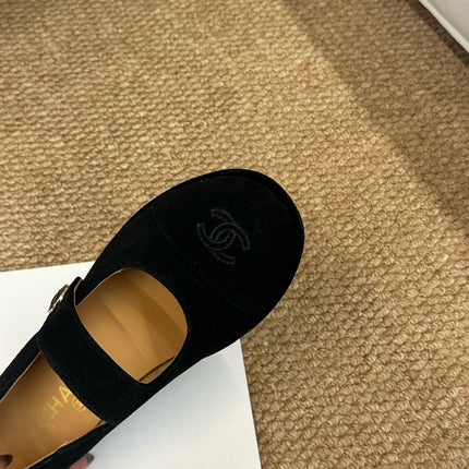 CHANEL 26S MARY JANE FLATS IN BLACK SUEDE CC LOGO