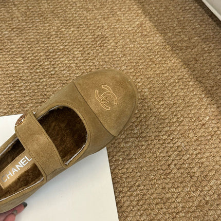 CHANEL 26S MARY JANE FLATS IN CARAMEL BROWN SUEDE SHEARLING LINING CC LOGO