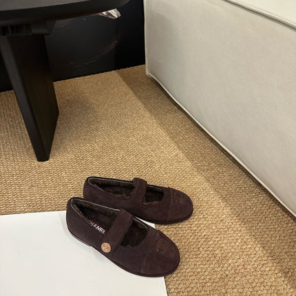 CHANEL 26S MARY JANE FLATS IN DARK BROWN SUEDE WITH CC LOGO