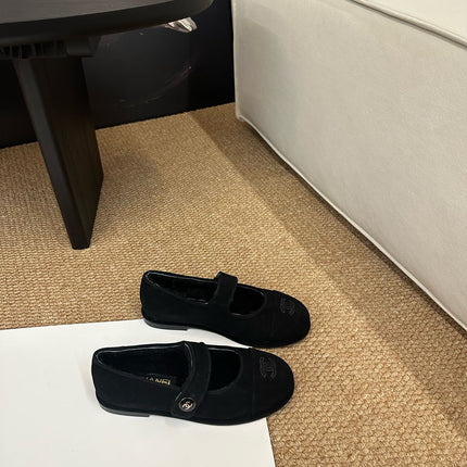 CHANEL 26S MARY JANE FLATS IN BLACK SUEDE WITH CC LOGO
