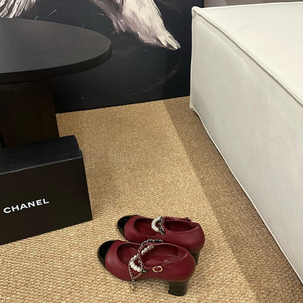 CHANEL 26S MARY JANE PEARL STRAP HIGH HEELS IN BURGUNDY RED CALFSKIN
