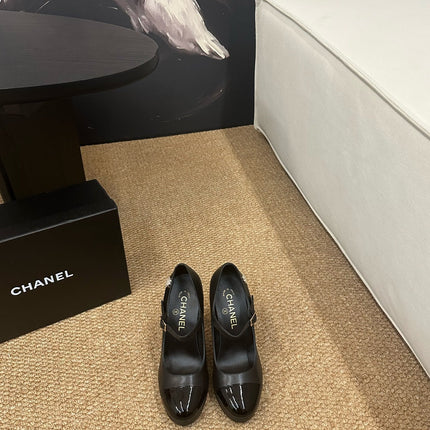 CHANEL 26S MARY JANE HEELS IN BLACK CALFSKIN CAP TOE