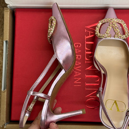 VALENTINO 26S HIGH HEEL SLINGBACKS IN METALLIC PINK CALFSKIN WITH CRYSTAL