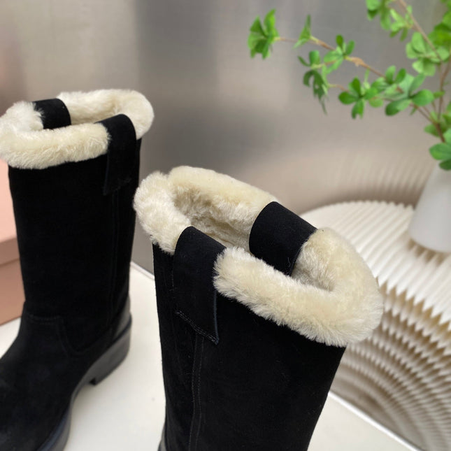 MIUMIU 26S MID CALF BOOT IN BLACK SUEDE AND SHEARLING