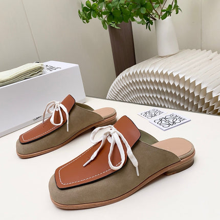 LOEWE 26S FLAT MULES IN BROWN CALFSKIN AND SUEDE
