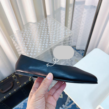 THE ROW 26S SQUARE TOE BALLET FLATS IN FULL BLACK CALFSKIN