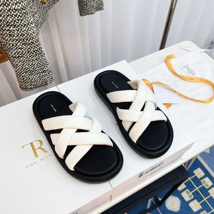THE ROW 26S CROSSED PADDED SLIDES IN WHITE CALFSKIN