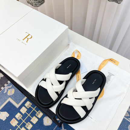 THE ROW 26S CROSSED PADDED SLIDES IN WHITE CALFSKIN