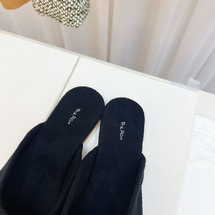 THE ROW 26S ROUND TOE MULES IN NAVY BLUE SUEDE