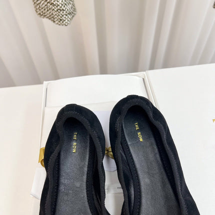 THE ROW 26S BALLET FLATS IN BLACK SUEDE ELASTIC TRIM WITH BOW