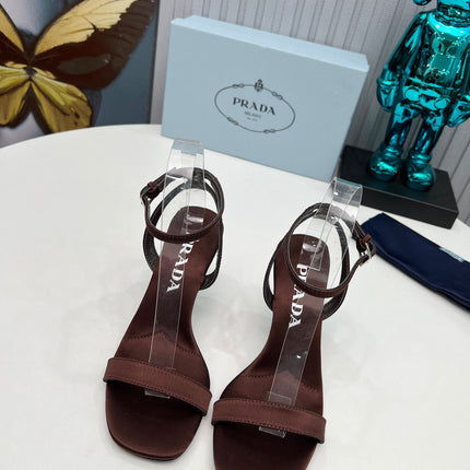 PRADA 26S ANKLE STRAP SANDALS STILETTO HEEL 80MM IN DARK BROWN SATIN