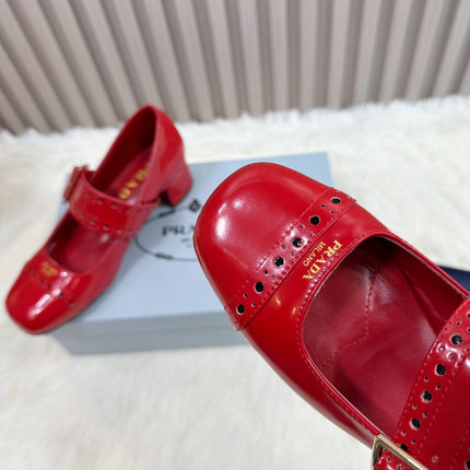 PRADA 26S SQUARE TOE STUDDED SLINGBACK BLOCK HEEL 40MM IN DARK RED PATENT CALFSKIN