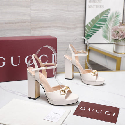 GUCCI 26S HORSEBIT ANKLE STRAP PLATFORM HEELS 115MM IN IVORY WHITE CALFSKIN
