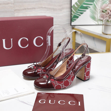 GUCCI 26S HEEL SLINGBACK PUMP 80 MM IN DARK RED CALFSKIN AND CANVAS
