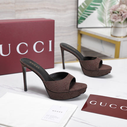 GUCCI 26S HEELED SANDALS 105 MM IN DARK BROWN CANVAS