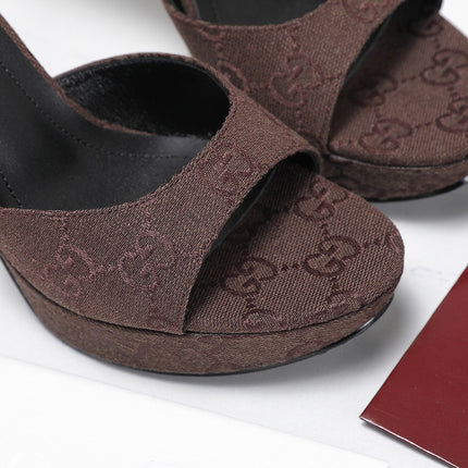 GUCCI 26S HEELED SANDALS 105 MM IN DARK BROWN CANVAS