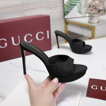 GUCCI 26S HEELED SANDALS 105 MM IN BLACK CANVAS