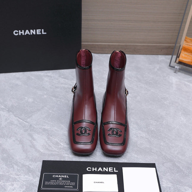 CHANEL 26S ANKLE BOOTS IN BURGUNDY CALFSKIN WITH BLACK PATENT LEATHER TRIM AND CC LOGO ON TOE CAP