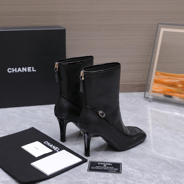 CHANEL 26S ANKLE BOOTS 80 MM IN BLACK CALFSKIN WITH PATENT LEATHER TRIM AND CC LOGO ON TOE CAP
