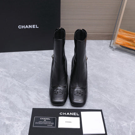 CHANEL 26S ANKLE BOOTS 80 MM IN BLACK CALFSKIN WITH PATENT LEATHER TRIM AND CC LOGO ON TOE CAP