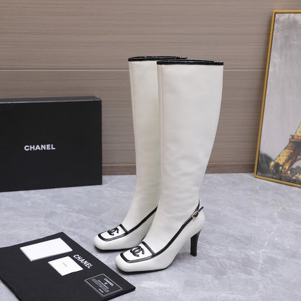 CHANEL 26S KNEE HIGH BOOTS 80 MM  IN WHITE CALFSKIN WITH BLACK PATENT LEATHER TRIM AND CC LOGO ON TOE CAP