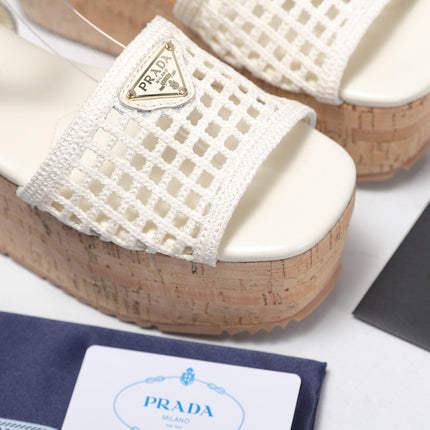 PRADA 26S WEDGE SANDALS IN IVORY CROCHET AND LEATHER