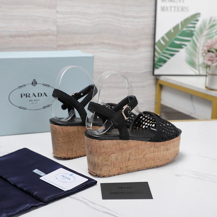 PRADA 26S WEDGE SANDALS IN BLACK CROCHET AND LEATHER