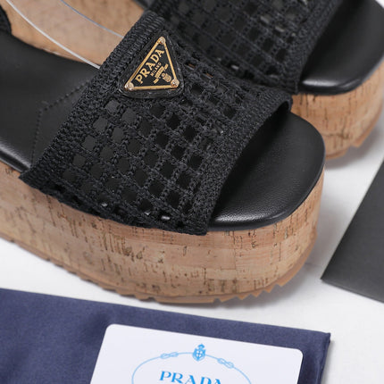 PRADA 26S WEDGE SANDALS IN BLACK CROCHET AND LEATHER