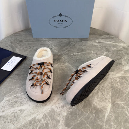 PRADA 26S WOVEN MULES IN LIGHT GREYISH BEIGE SUEDE