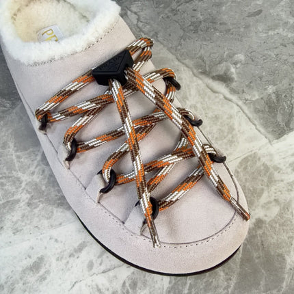 PRADA 26S WOVEN MULES IN LIGHT GREYISH BEIGE SUEDE