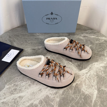 PRADA 26S WOVEN MULES IN LIGHT GREYISH BEIGE SUEDE