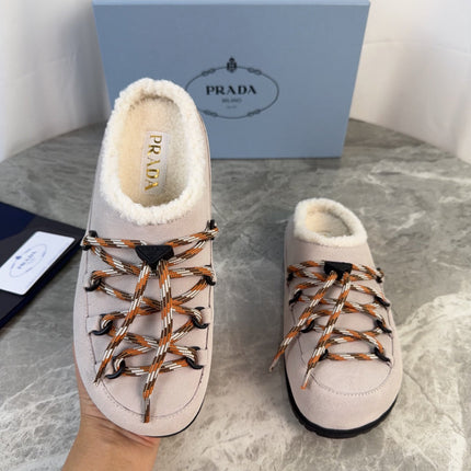 PRADA 26S WOVEN MULES IN LIGHT GREYISH BEIGE SUEDE