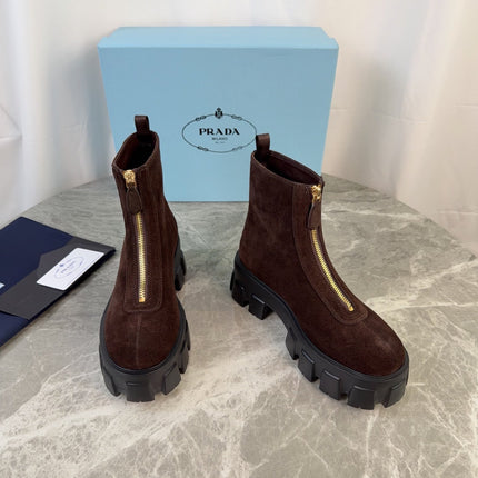 PRADA 26S ZIP-UP ANKLE BOOTS IN CHOCOLATE BROWN SUEDE