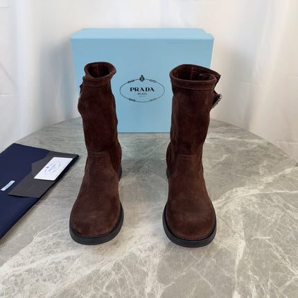 PRADA 26S ANKLE BIKER BOOTS IN DARK BROWN SUEDE