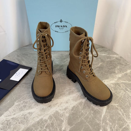 PRADA 26S LACE-UP COMBAT BOOTS IN BROWN CANVAS